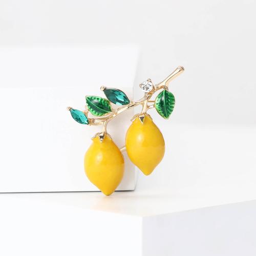 Enamel Brooch, Zinc Alloy, Lemon, gold color plated, for woman & with rhinestone, yellow 