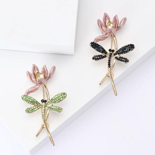 Enamel Brooch, Zinc Alloy, Lotus, gold color plated, for woman & with rhinestone 