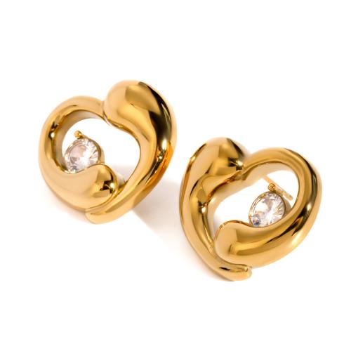 Stainless Steel Cubic Zirconia Stud Earring, 304 Stainless Steel, Heart, 18K gold plated, fashion jewelry & micro pave cubic zirconia & for woman & hollow 