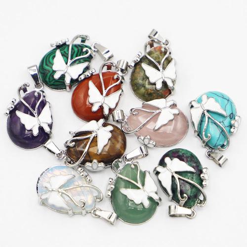 Gemstone Brass Pendants, Natural Stone, with Zinc Alloy, Teardrop, silver color plated, DIY, Random Color 