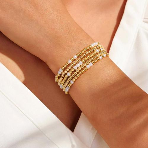 Brass Bracelets, with Plastic Pearl, gold color plated, multilayer & for woman cm 