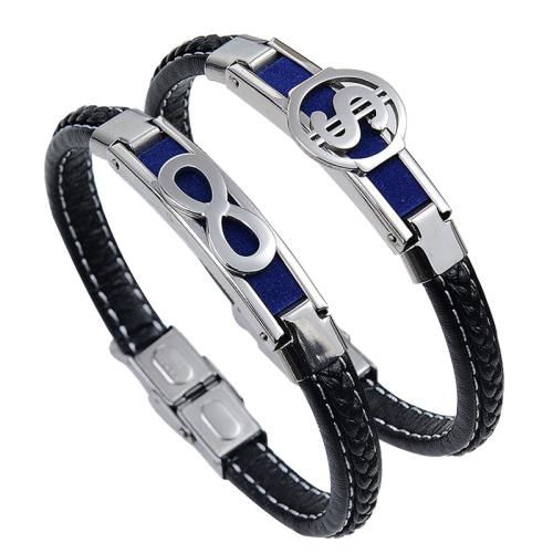 PU Leather Cord Bracelets, 304 Stainless Steel, with Microfiber PU, plated, Unisex black Approx 22 cm 