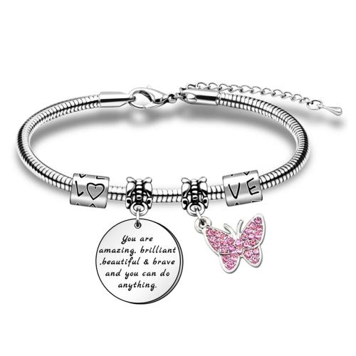 Stainless Steel Charm Bracelet, 304 Stainless Steel, polished, Unisex & micro pave cubic zirconia & enamel, original color Approx 16 cm 