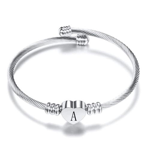 Stainless Steel Cuff Bangle, 304 Stainless Steel, polished, letters are from A to Z & Unisex original color [