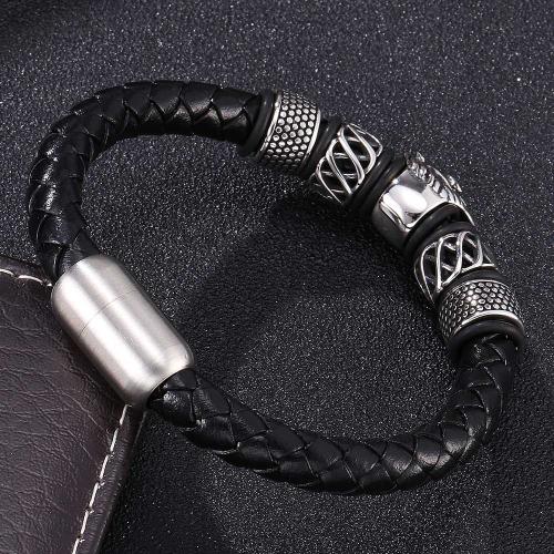 PU Leather Cord Bracelets, 304 Stainless Steel, with PU Leather, Vacuum Ion Plating & for man [