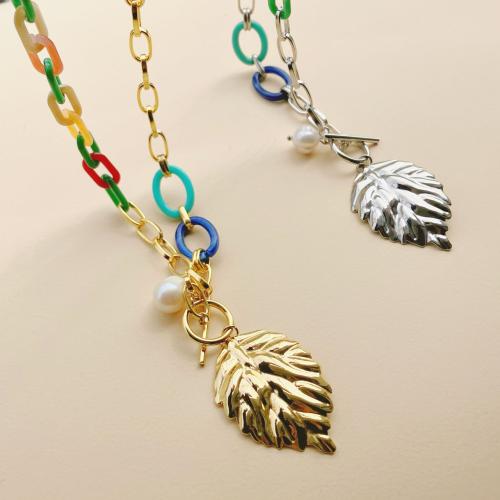 Collier de bijoux de titane, Acier titane, avec résine & perle de plastique, feuille, Placage, pour femme, plus de couleurs à choisir, Vendu par PC