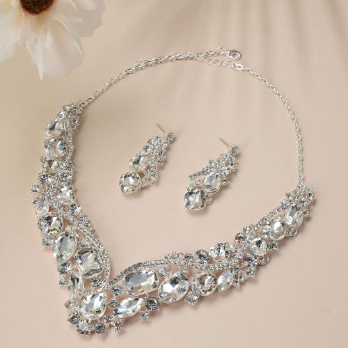 Rhinestone Zinc Alloy Jewelry Set, Stud Earring & necklace, fashion jewelry & for bridal & with rhinestone Approx 42 cm [