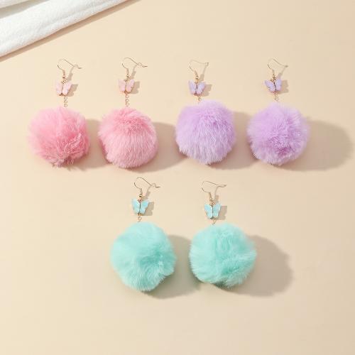 Fluffy Pom Pom Earrings, Zinc Alloy, with Plush, fashion jewelry & for woman, red 