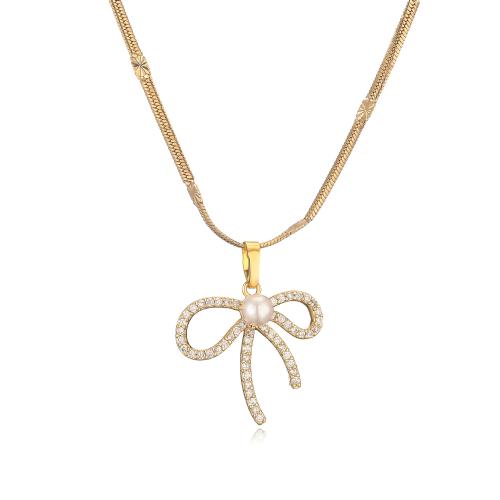 Cubic Zircon Micro Pave Brass Necklace, with Plastic Pearl, Bowknot, plated & micro pave cubic zirconia & for woman 