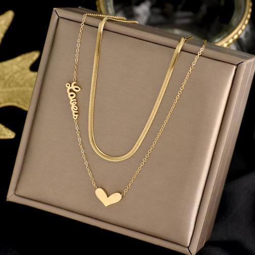 Titanium Steel Jewelry Necklace, Double Layer & fashion jewelry & for woman, golden Approx 45 cm 