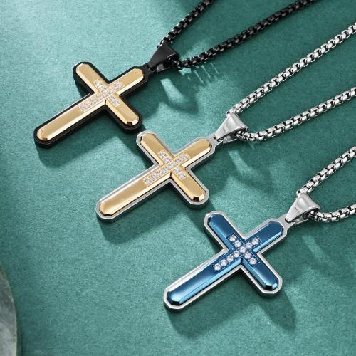 Stainless Steel Jewelry Necklace, 304 Stainless Steel, Cross & for man & with rhinestone Approx 60 cm 