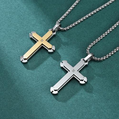 Stainless Steel Jewelry Necklace, 304 Stainless Steel, Cross & for man & with rhinestone Approx 60 cm 