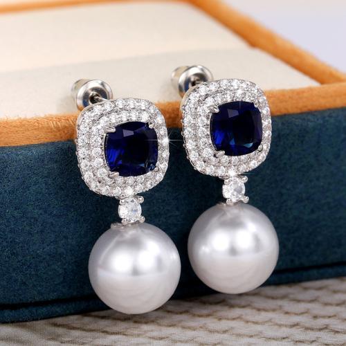 Cubic Zirconia Micro Pave Brass Earring, with Plastic Pearl, fashion jewelry & micro pave cubic zirconia & for woman [