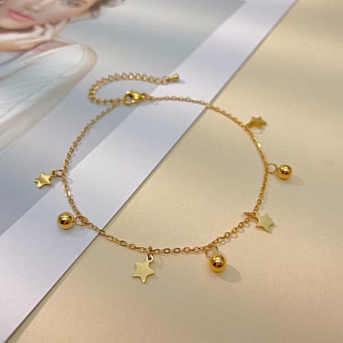 Joyería pulseras de acero inoxidable, Partículas de acero, con 6CM extender cadena, Estrella, chapado en color dorado, para mujer, longitud:22 cm, Vendido por UD[