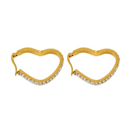 Stainless Steel Leverback Earring, 304 Stainless Steel, Heart, 18K gold plated, fashion jewelry & for woman & with rhinestone 