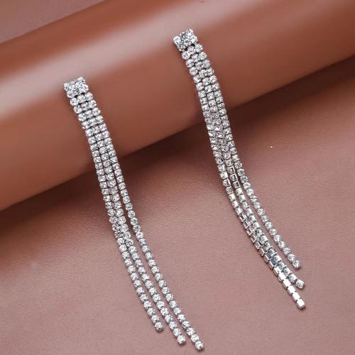 Fashion Fringe Earrings, Rhinestone, fashion jewelry & for woman, silver color, 100mm 