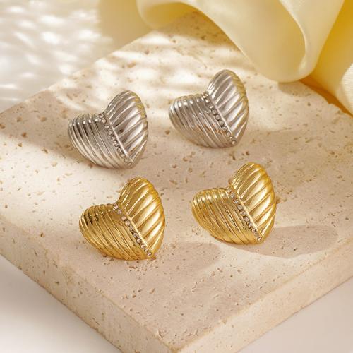 Edelstahl Stud Ohrring, 304 Edelstahl, Herz, plattiert, Micro pave Zirkonia & für Frau, keine, verkauft von Paar