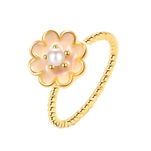 Brass Finger Ring, with Plastic Pearl, petals, plated, for woman & enamel, golden 