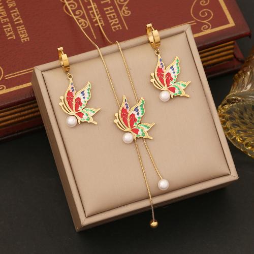 304 Stainless Steel Jewelry Set, with Plastic Pearl, Butterfly, gold color plated & for woman & enamel 