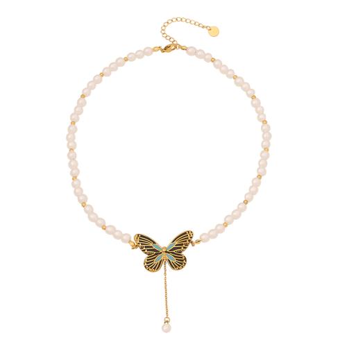 304 Stainless Steel Jewelry Set, with Plastic Pearl, Butterfly, gold color plated & for woman & enamel 