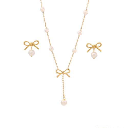 304 Stainless Steel Jewelry Set, with Plastic Pearl, Bowknot, gold color plated & for woman 