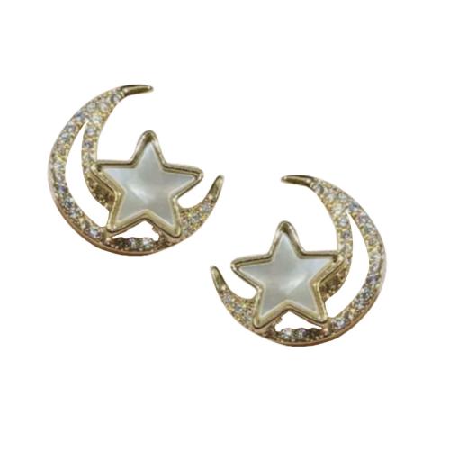 Pendiente stud de cobre con los diamantes de imitación , metal, Luna y estrella, Joyería & para mujer & con diamantes de imitación, dorado, 13x13mm, Vendido por Par