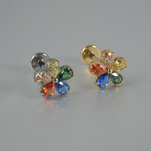 titane boucle d oreille dormeuse, fleur, Placage, bijoux de mode & pavé de micro zircon, plus de couleurs à choisir, 7mm Vendu par sac