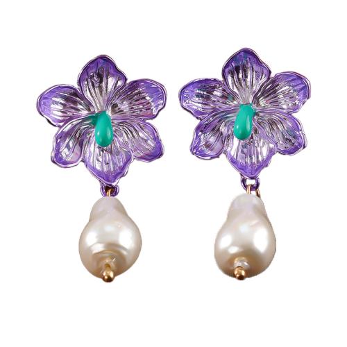 clou d'oreille en alliage zinc avec émail, alliage de zinc, avec perle de plastique, Pétales, Placage, pour femme, violet, Vendu par paire