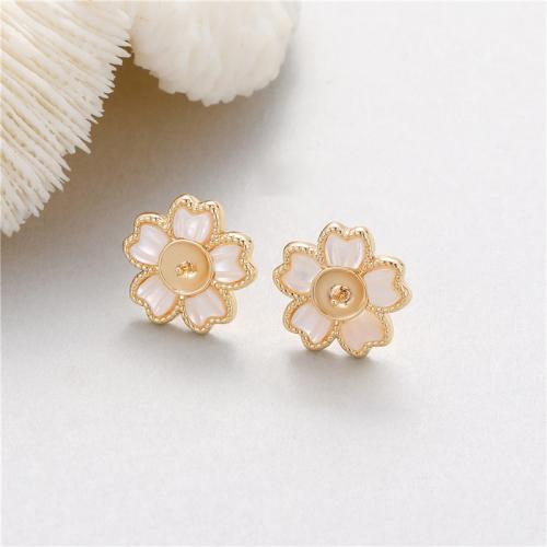 Brass Earring Stud Component, with White Shell, plated, DIY & micro pave cubic zirconia [