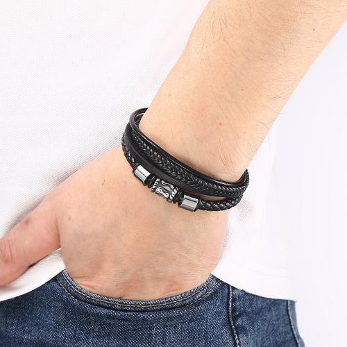 Cowhide Bracelets, 316 Stainless Steel, with Magnet & leather cord, Vacuum Ion Plating, multilayer & Unisex [