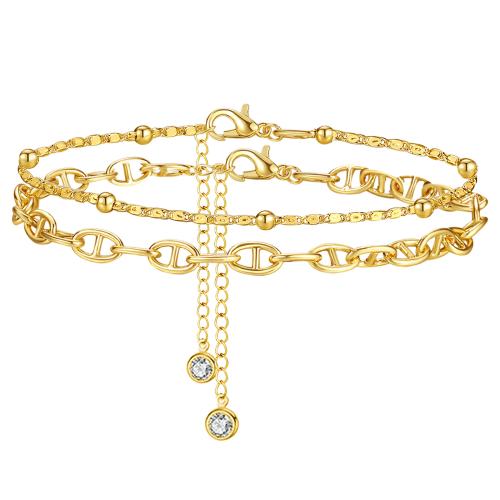 Brass Anklet, plated, Double Layer & for woman & with rhinestone cm 