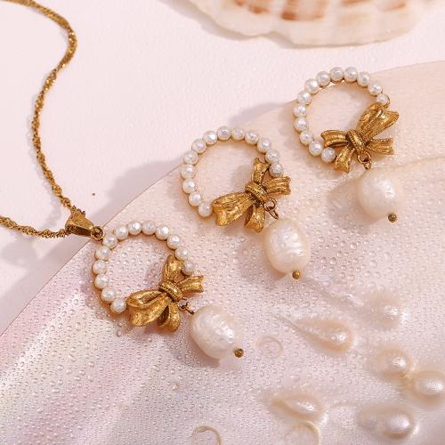 Fashion Stainless Steel Jewelry Sets, 304 Stainless Steel, with Plastic Pearl, 18K gold plated, fashion jewelry & for woman, golden 