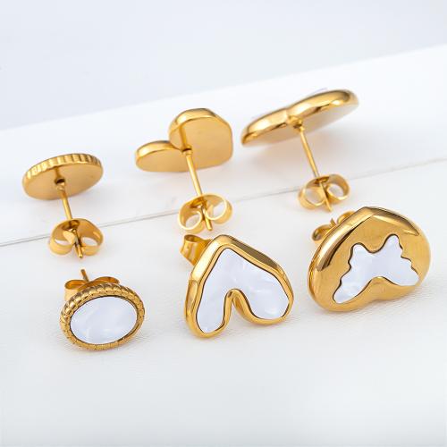 Edelstahl Stud Ohrring, 304 Edelstahl, mit Muschel, verschiedene Stile für Wahl & für Frau, goldfarben, 2PCs/Tasche, verkauft von Tasche