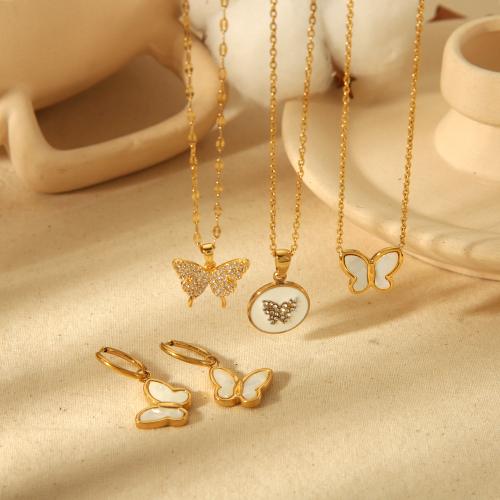 Titanium Steel Jewelry Set, earring & necklace, with Shell, Butterfly, gold color plated & for woman & with rhinestone [