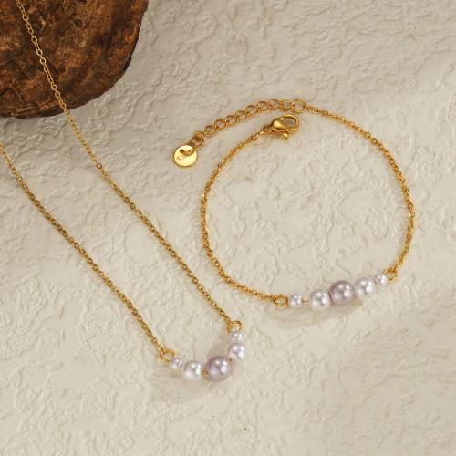 Fashion Stainless Steel Jewelry Sets, 304 Stainless Steel, with Plastic Pearl, gold color plated, fashion jewelry golden 