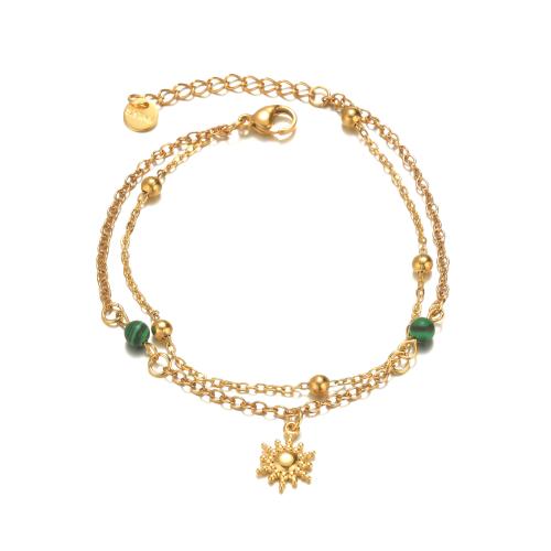 Stainless Steel Charm Bracelet, 304 Stainless Steel, with Gemstone, gold color plated, Double Layer & fashion jewelry, golden 