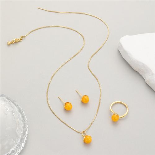 Brass Jewelry Set, Stud Earring & finger ring & necklace, with Beeswax, plated, for woman, golden 