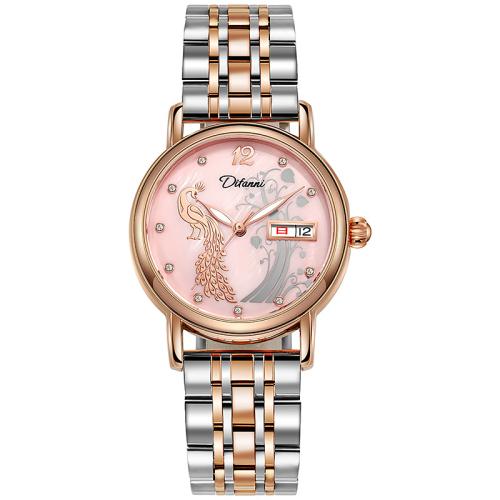 Zinc Alloy Watch Bracelet, with Leather & Glass & 304 Stainless Steel, Round, Life water resistant & stem-winder & with double calendar & for woman & luminated & with rhinestone 