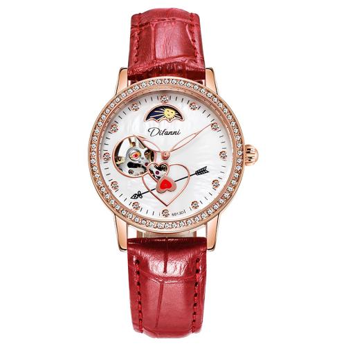 Zinc Alloy Watch Bracelet, with Leather & Glass & 304 Stainless Steel, Round, Life water resistant & stem-winder & for woman & luminated & with rhinestone 