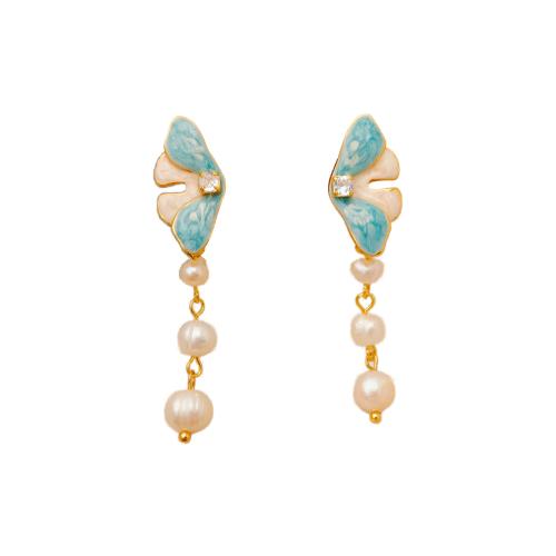 Boucles d'oreilles d'eau douce de Perle , laiton, avec perle d'eau douce cultivée, Plaqué or 18K, bijoux de mode & pavé de micro zircon & pour femme & émail, doré Vendu par paire[