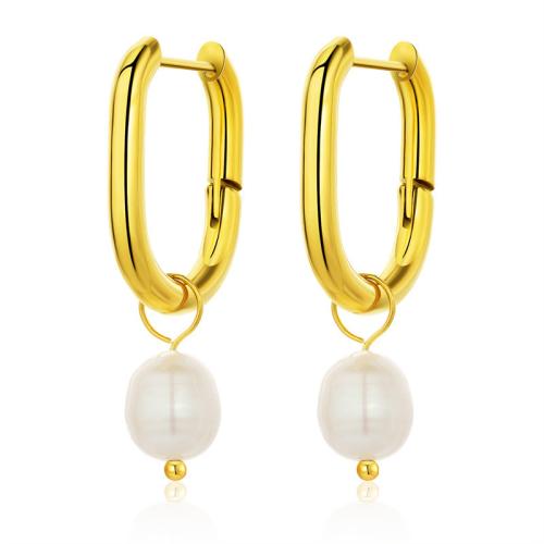 Stainless Steel Drop Earring, 304 Stainless Steel, with Plastic Pearl, fashion jewelry & for woman, golden, 29mm 