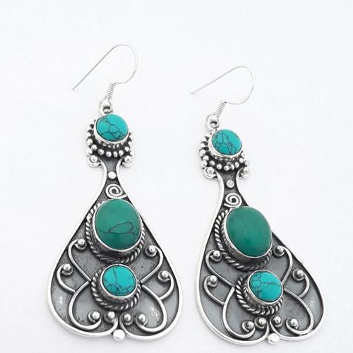 Boucle d'oreille goutte Zinc Alloy, alliage de zinc, avec turquoise synthétique, Plaqué de couleur d'argent, bijoux de mode & pour femme, 47mm, Vendu par paire