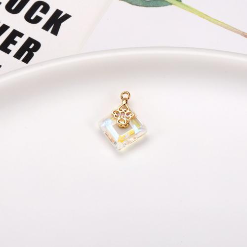 Crystal Brass Pendants, with Crystal, Square, gold color plated, DIY 