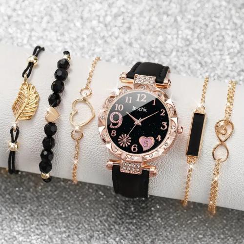 alliage de zinc Set de bracelet, montre & Bracelet, avec cuir PU & verre & Acier inoxydable 304, Placage, 6 pièces & styles différents pour le choix & pour femme & avec strass Environ 15-24 cm, Vendu par fixé[