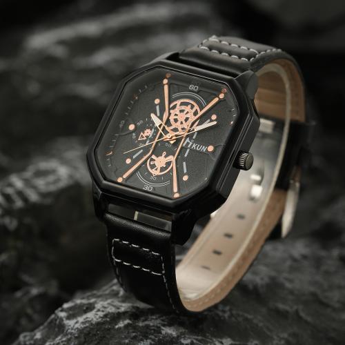 Zinc Alloy Watch Bracelet, with PU Leather & Glass & 304 Stainless Steel, Geometrical Pattern, plated & for man 