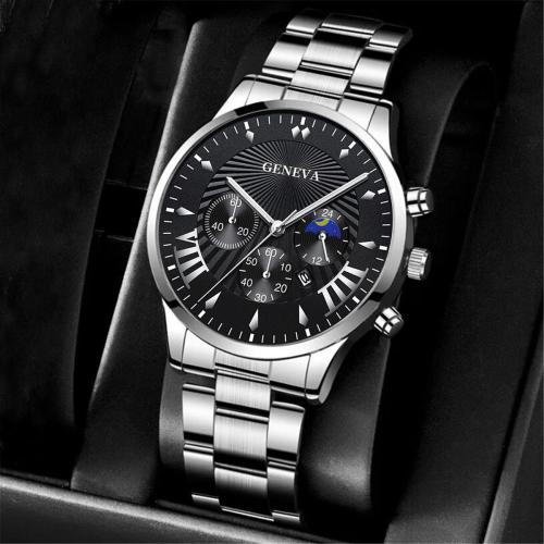 Zinc Alloy Watch Bracelet, with PU Leather & Glass & 304 Stainless Steel, Round, plated, Chinese movement & for man 