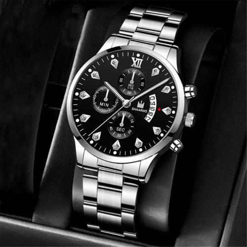 Zinc Alloy Watch Bracelet, with PU Leather & Glass & 304 Stainless Steel, Round, plated, Chinese movement & for man & with rhinestone 