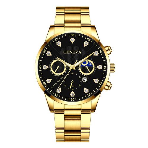 Zinc Alloy Watch Bracelet, with Glass & 304 Stainless Steel, Round, gold color plated, Chinese movement & for man & with rhinestone 