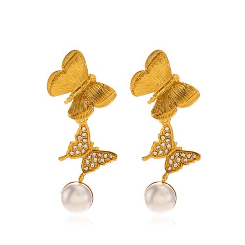 Stainless Steel Drop Earring, 304 Stainless Steel, with Plastic Pearl, fashion jewelry & micro pave cubic zirconia & for woman 