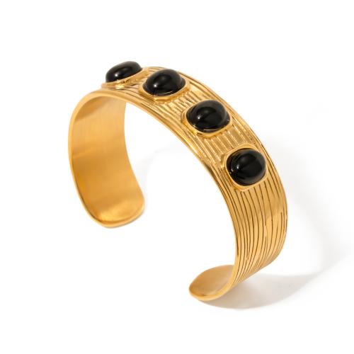 Stainless Steel Cuff Bangle, 304 Stainless Steel, with Black Agate, Vacuum Ion Plating, fashion jewelry & for woman, golden, 19.6mm, Inner Approx 63.8mm [